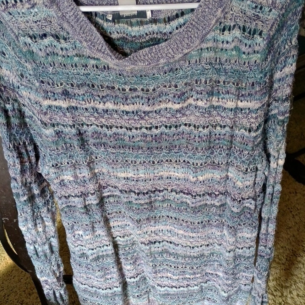 CJ Banks Light Blue and Mint Open-Knit Crewneck Sweater